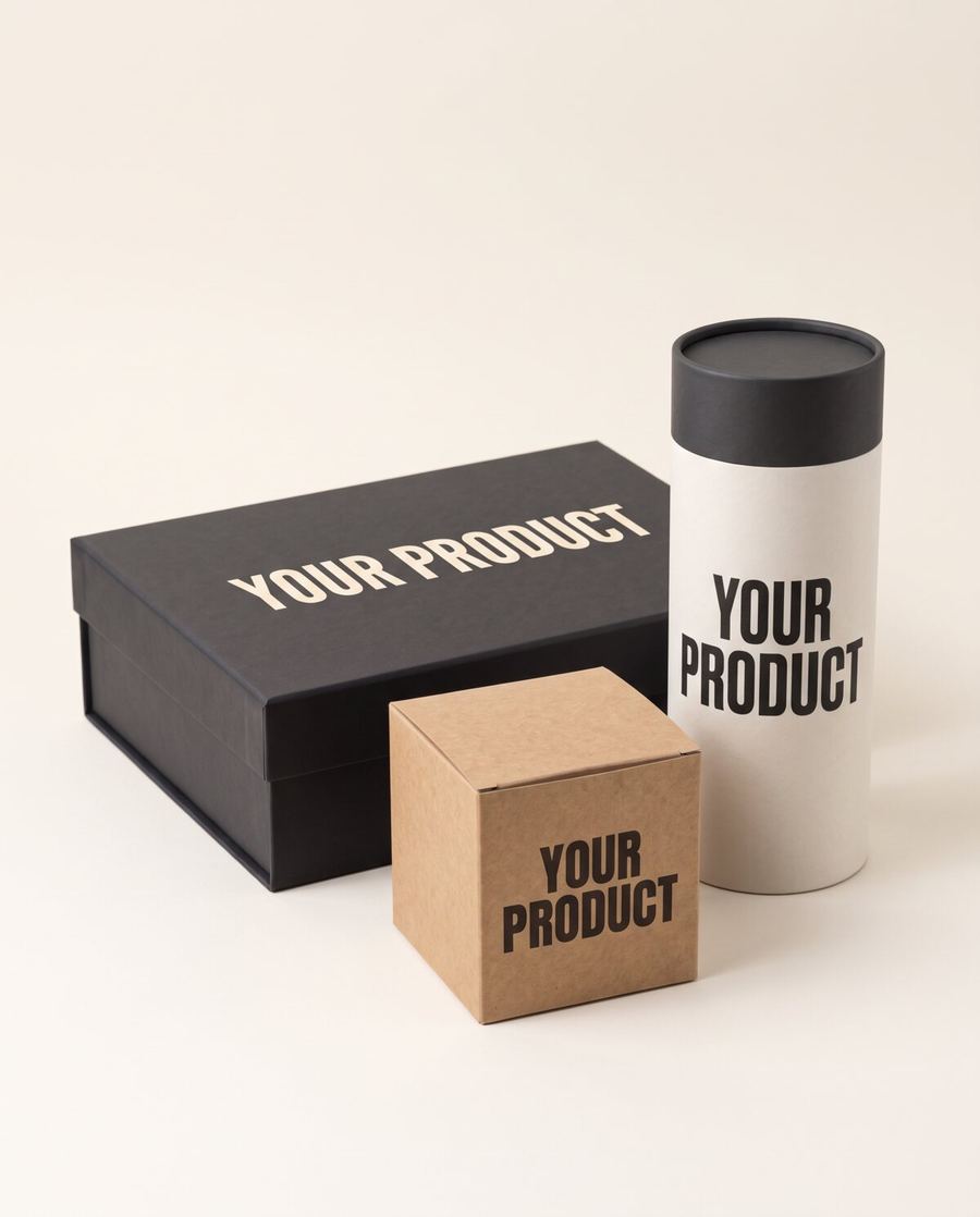 A kraft cube, charcoal box and off-white tube printed YOUR PRODUCT in a studio