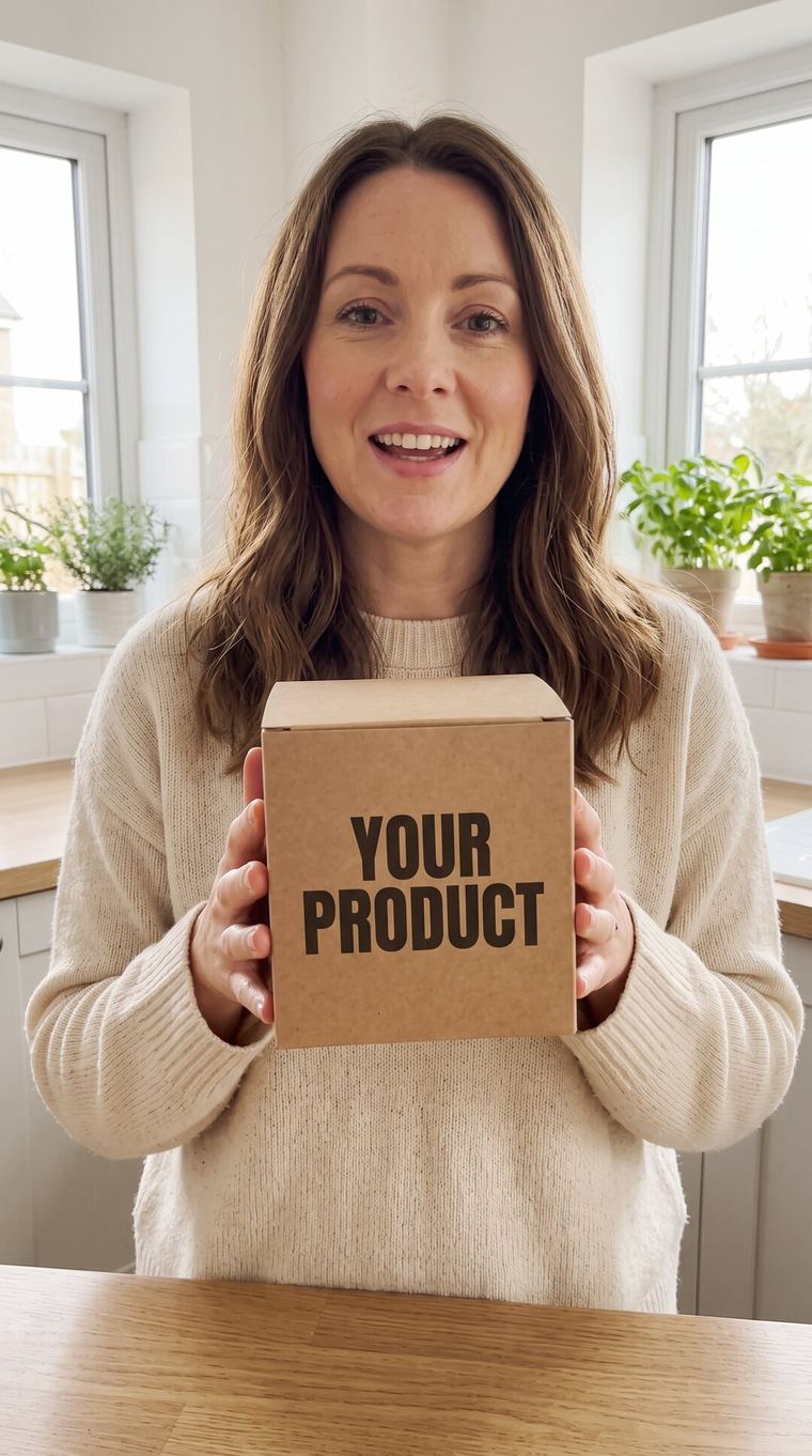 A woman in a bright kitchen holding a kraft box printed YOUR PRODUCT towards the camera