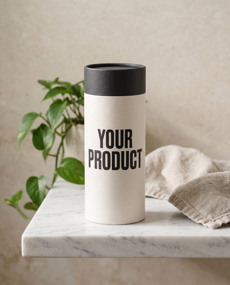 The same tube on a marble bathroom shelf beside a plant and linen towel